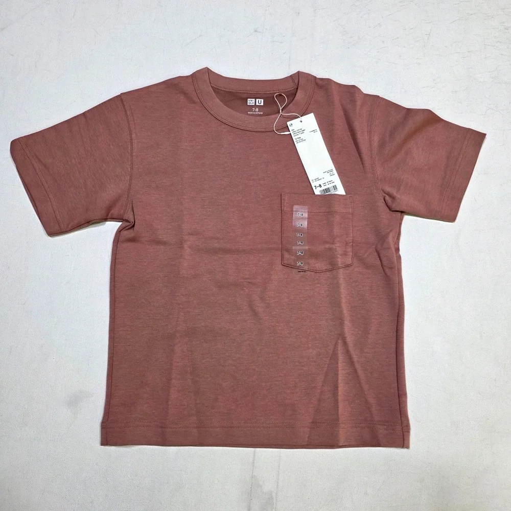 Uniqlo U AIRism T-Shirt Kids 7-8 Pink Crew Neck Pocket Tee 444789 Short Sleeve